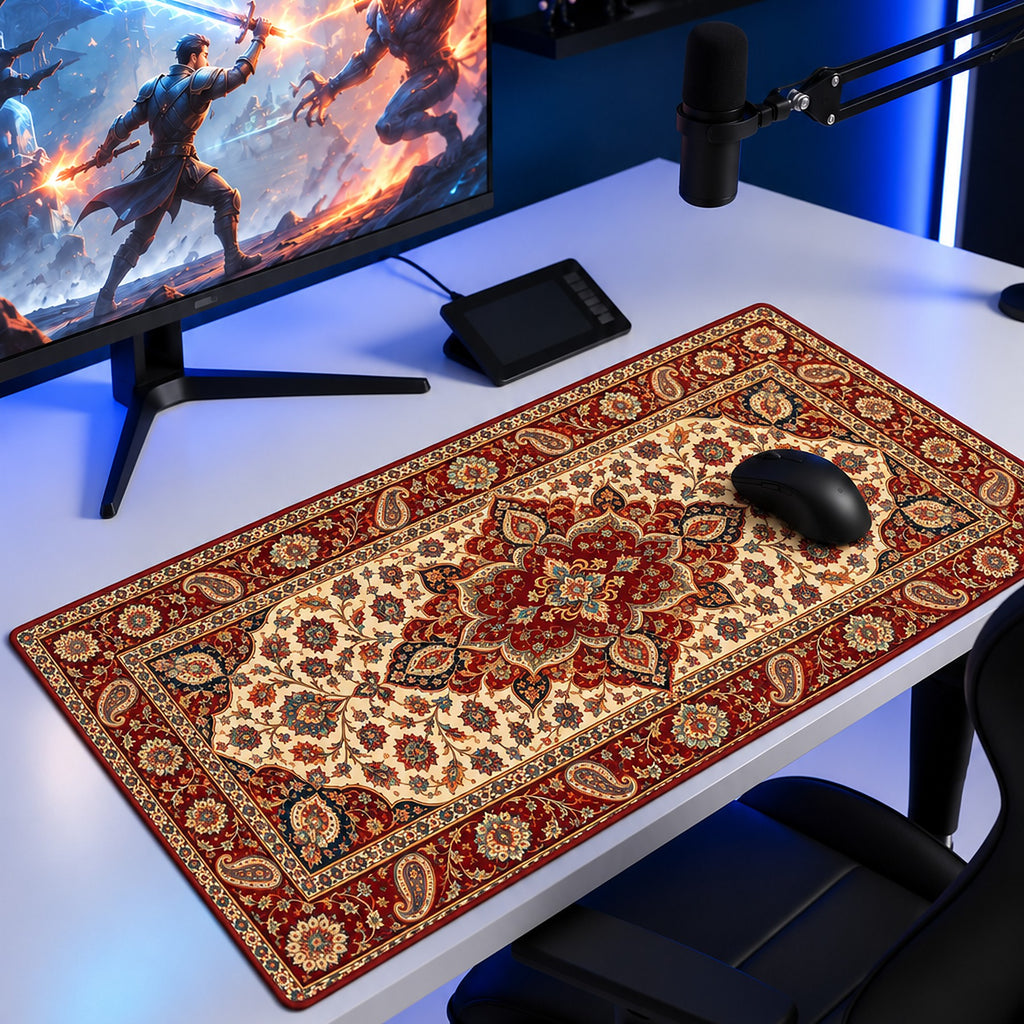 Madalyon halı desenli 90x40 oyuncu mouse pad, oyun masasında monitör ve mouse ile kullanım