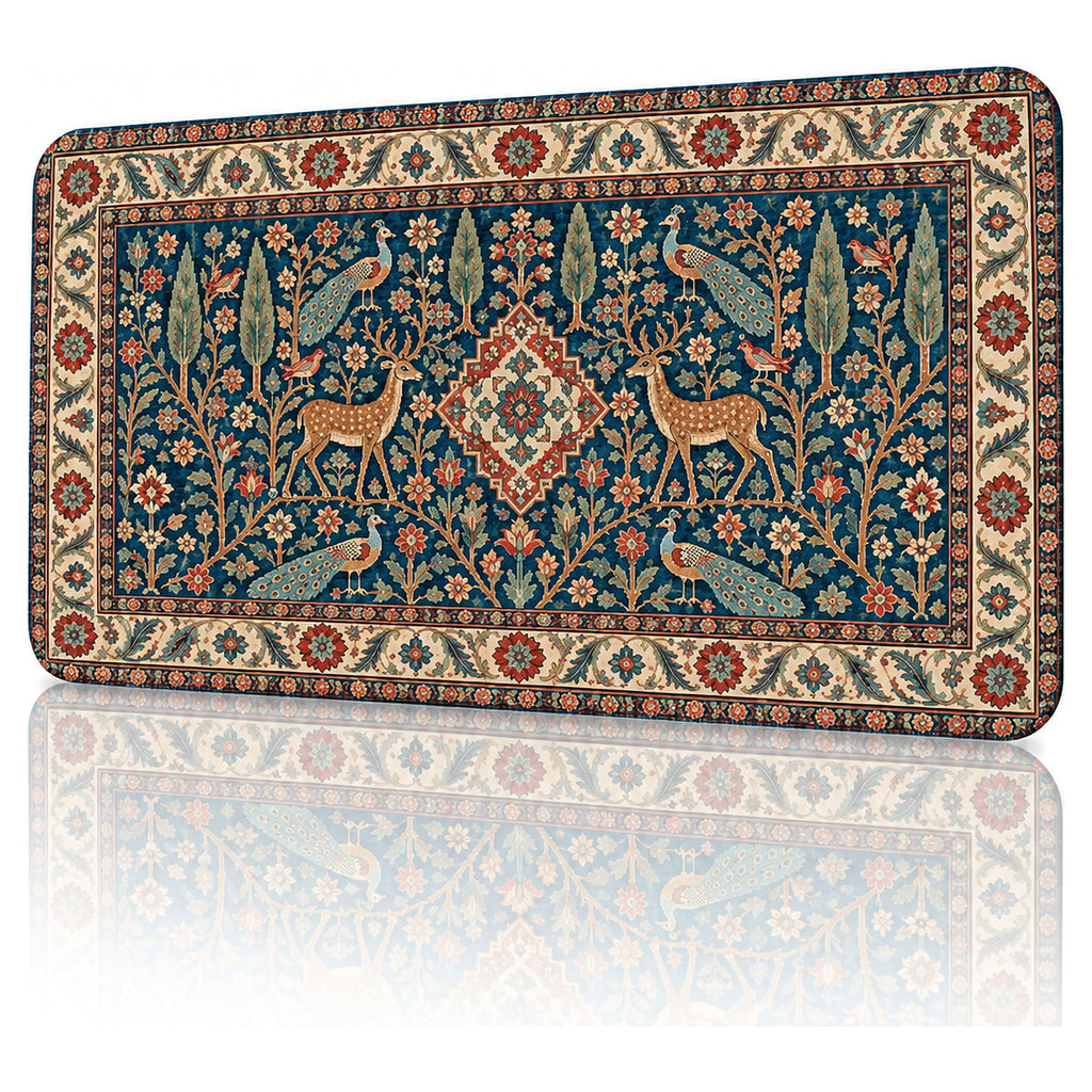 Saray Bahçesi halı desenli 90x40 gaming mouse pad, açılı görünüm ve dikişli kenar detayı