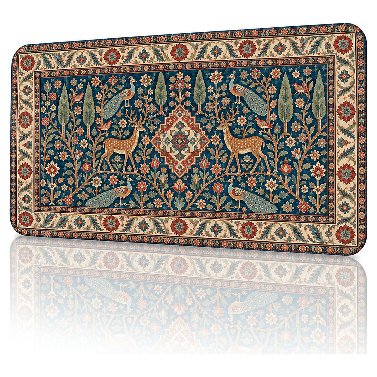 Saray Bahçesi halı desenli 90x40 gaming mouse pad, açılı görünüm ve dikişli kenar detayı