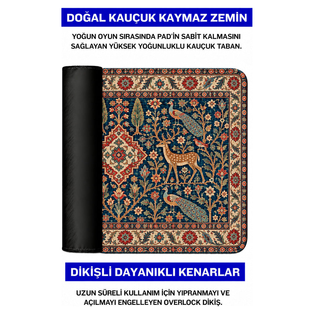 Saray Bahçesi halı desenli mouse pad doğal kauçuk kaymaz taban ve dikişli kenar detayı