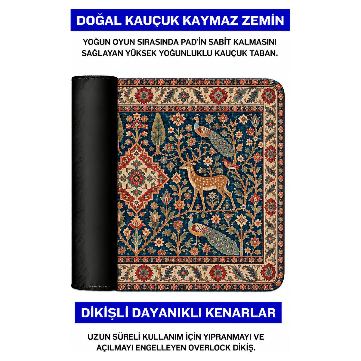 Saray Bahçesi halı desenli mouse pad doğal kauçuk kaymaz taban ve dikişli kenar detayı