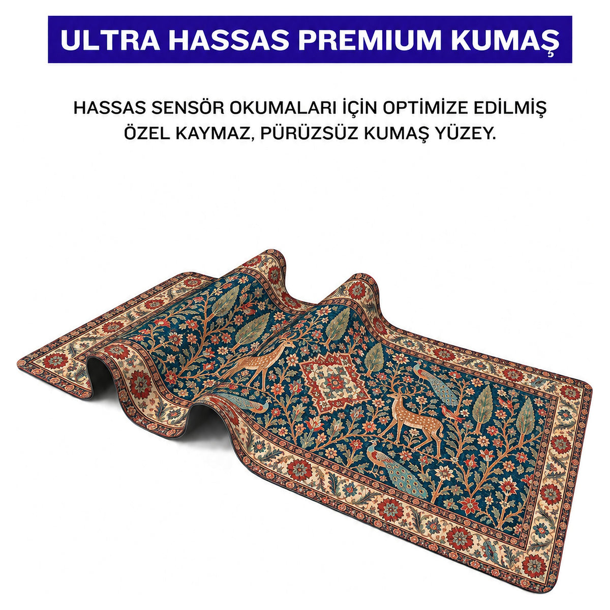 Saray Bahçesi halı desenli mouse pad kumaş yüzeyi, esnek yapı ve süblimasyon baskı detayı