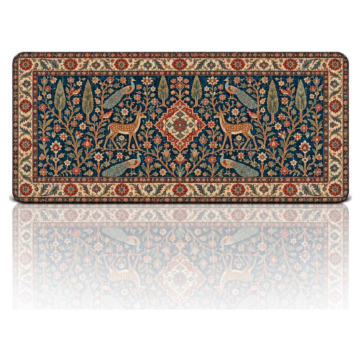 Saray Bahçesi halı desenli 90x40 oyuncu mouse pad, lacivert zeminde tavus kuşu ve geyik figürlü tasarım, önden görünüm