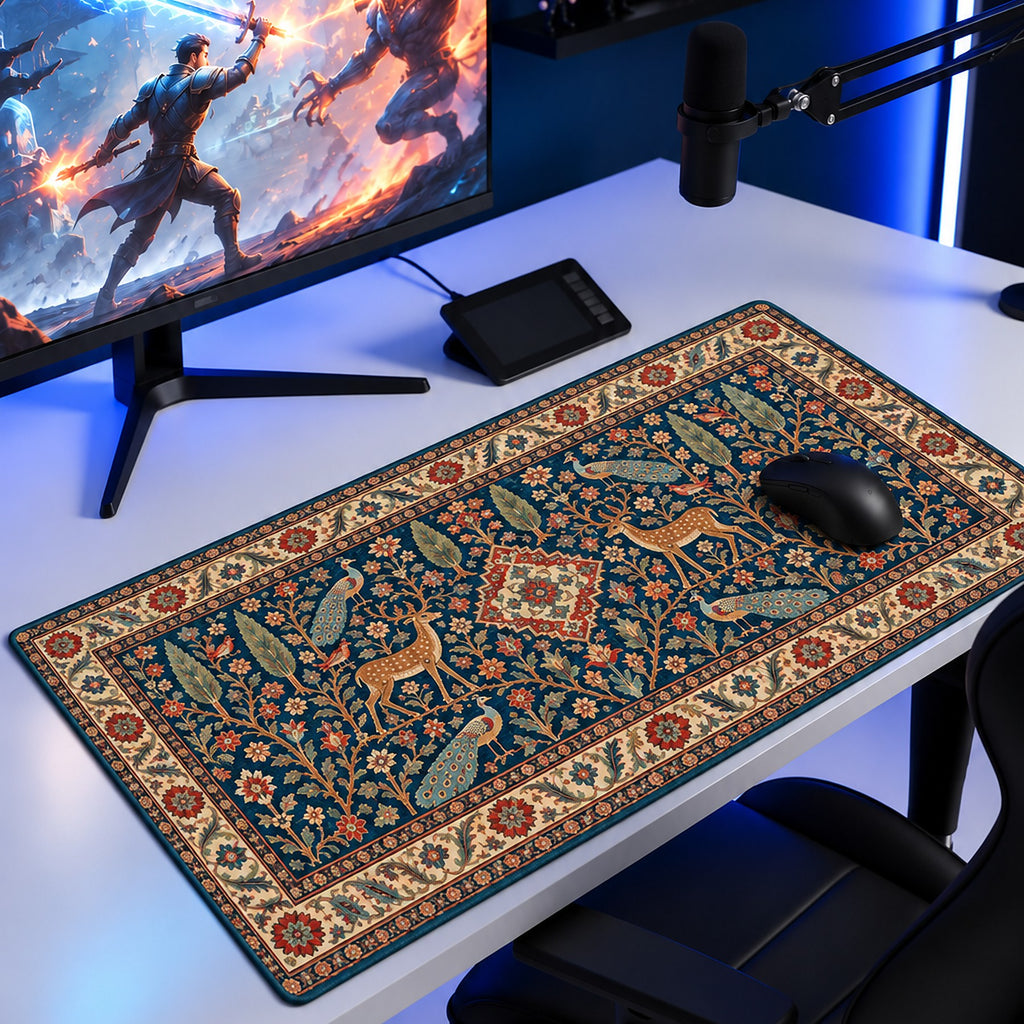 Saray Bahçesi halı desenli 90x40 oyuncu mouse pad, oyun masasında monitör ve mouse ile kullanım