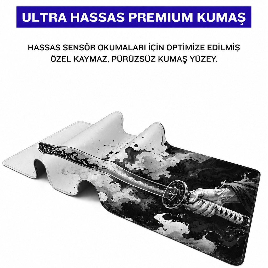Inkblade katana mouse pad kumaş yüzey ve dikişli kenar