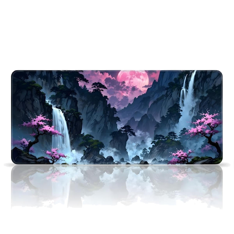 Jungle Art 90x40 cm Oyuncu Mouse Pad — Şelale ve Pembe Ay Manzaralı, Anime Tarzı, XXL Gaming Mousepad, Kauçuk Taban, Dikişli Kenar