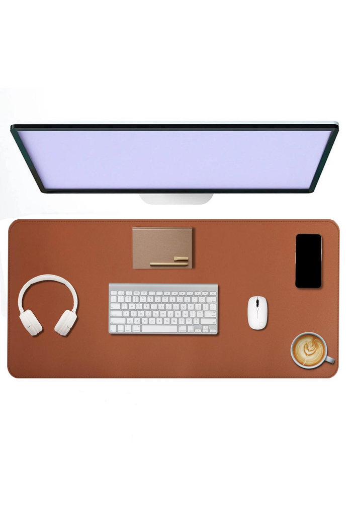 Kahverengi Deri Mouse Pad 90x40 cm — Çift Yönlü Masa Matı, Dikişli Kenar, Çizilmez Yüzey