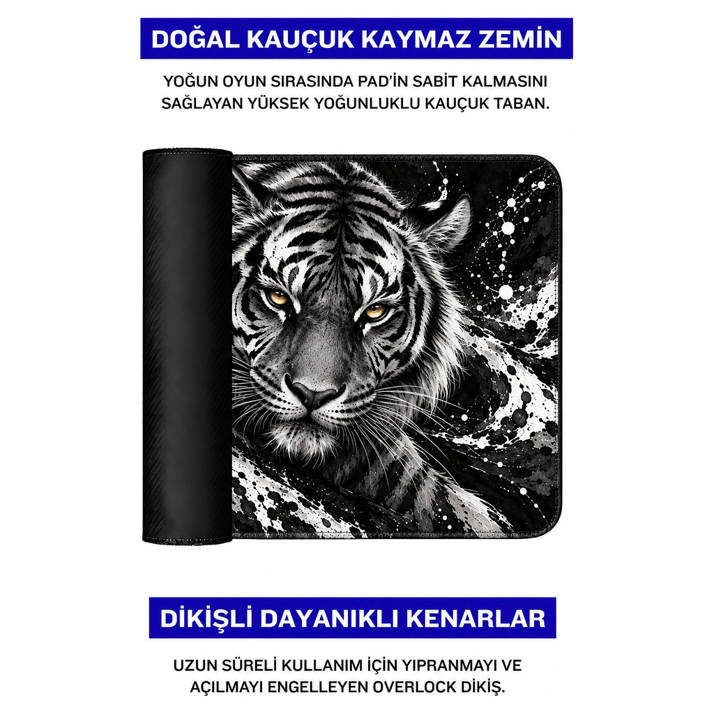 Gölge Kaplan desenli mouse pad doğal kauçuk kaymaz taban ve dikişli kenar detayı