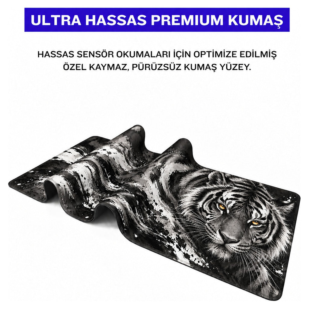 Gölge Kaplan desenli mouse pad kumaş yüzeyi, esnek yapı ve süblimasyon baskı detayı