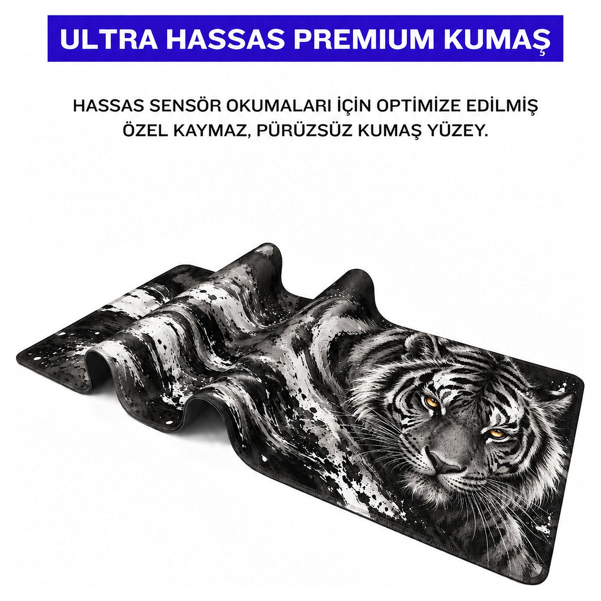 Gölge Kaplan desenli mouse pad kumaş yüzeyi, esnek yapı ve süblimasyon baskı detayı