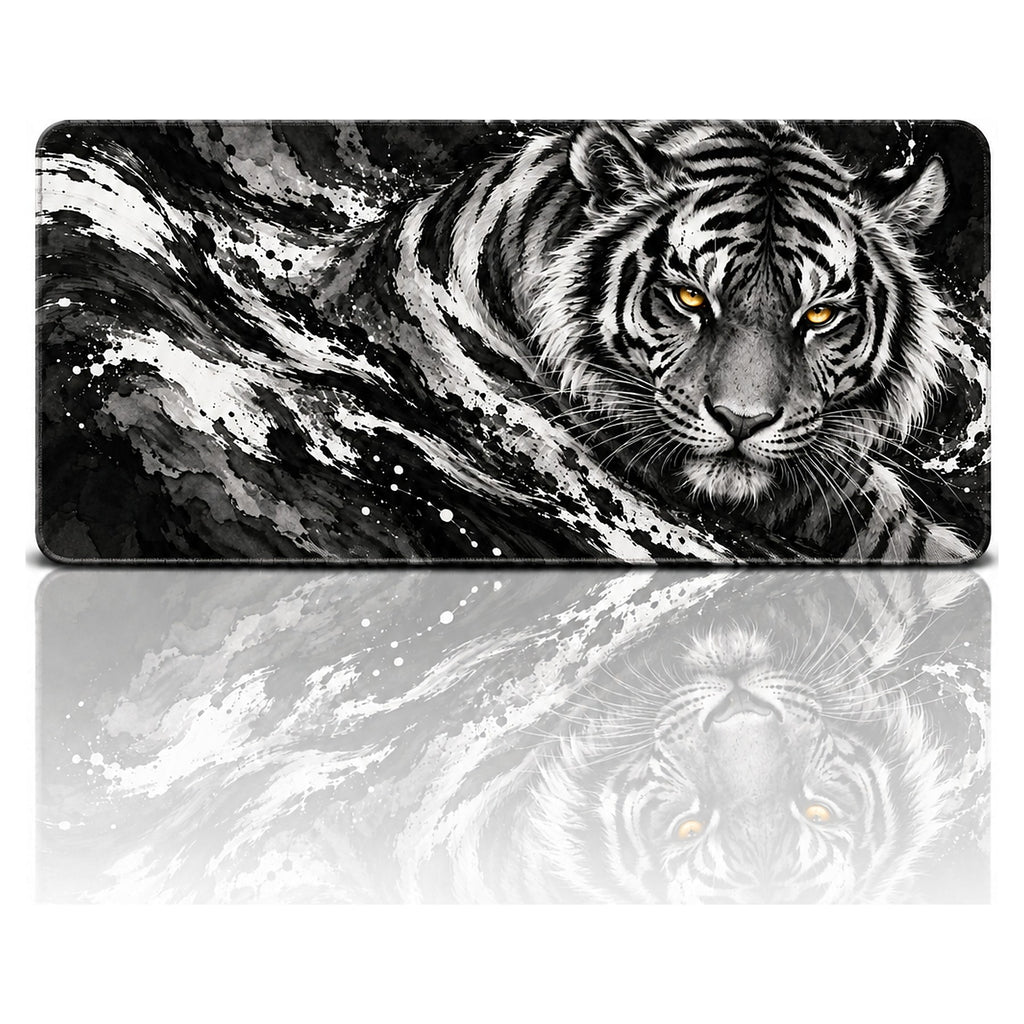 Gölge Kaplan desenli 90x40 oyuncu mouse pad, siyah-beyaz mürekkep tarzında kaplan, önden görünüm