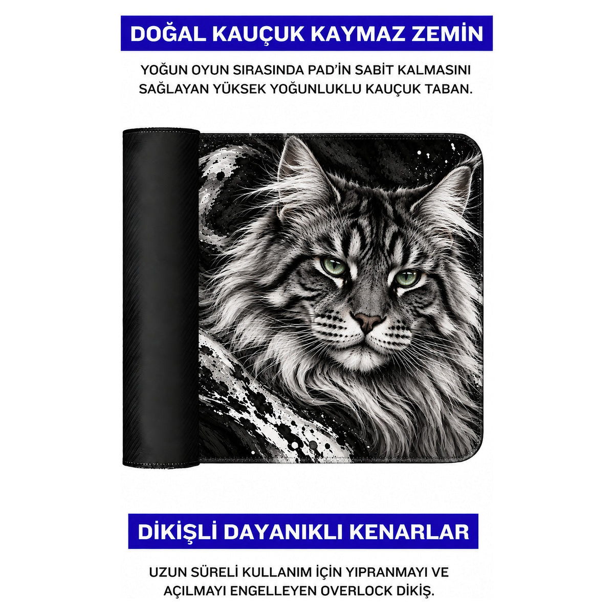 Gümüş Kedi desenli mouse pad doğal kauçuk kaymaz taban ve dikişli kenar detayı