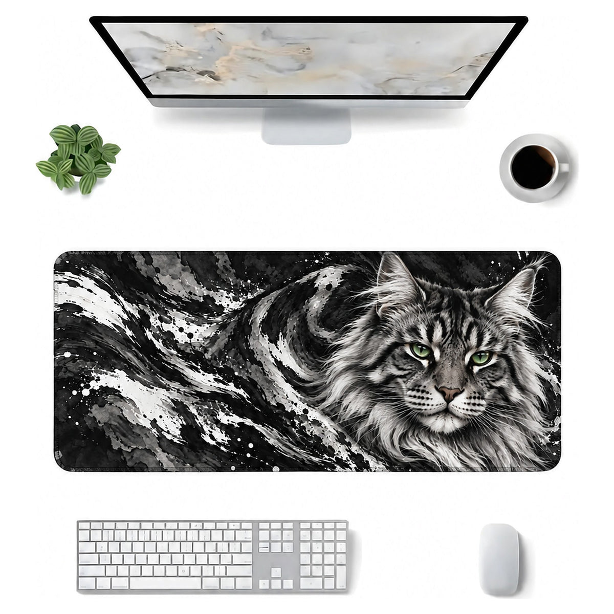 Gümüş Kedi desenli 90x40 mouse pad, klavye, mouse ve monitörle üstten masa düzeni