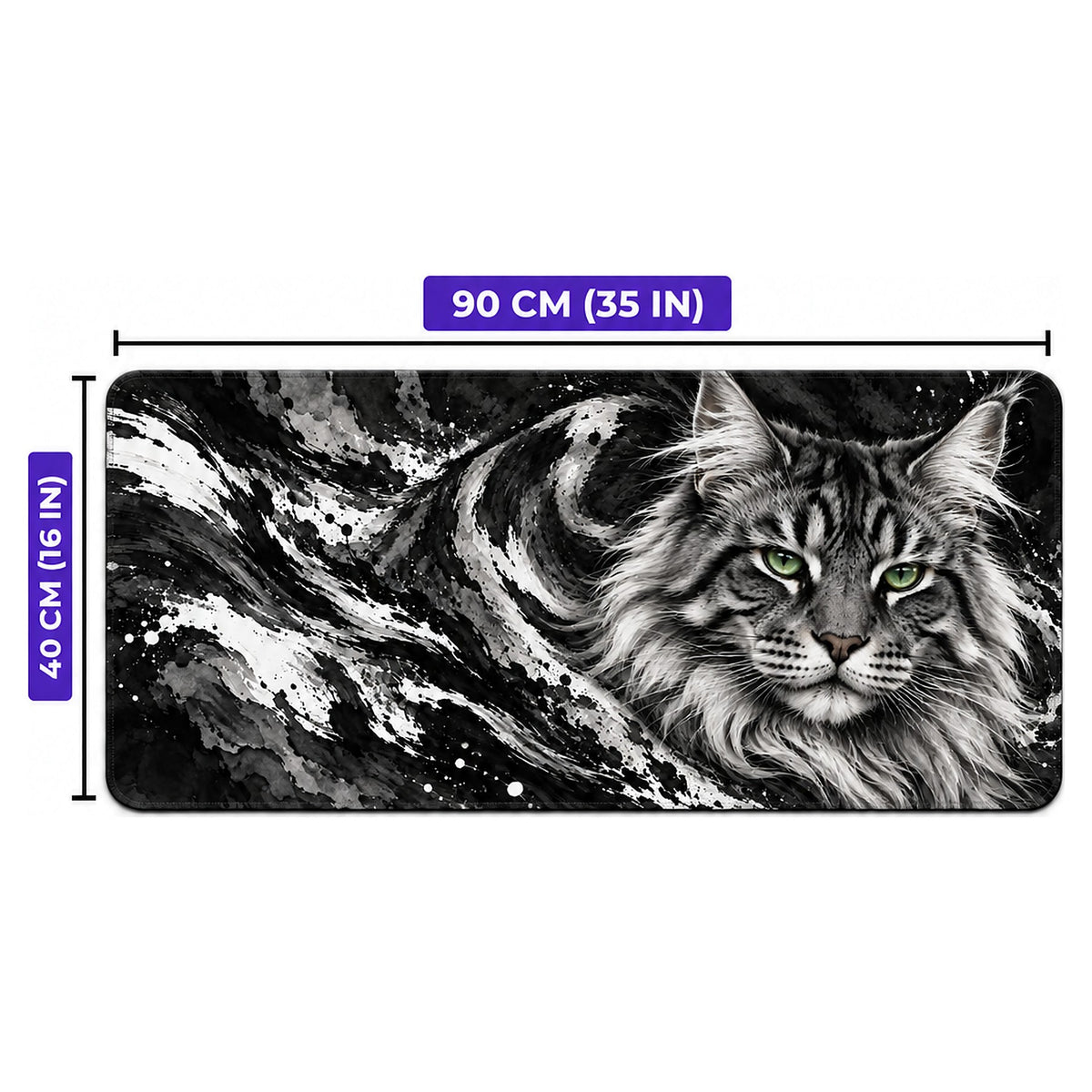 Gümüş Kedi desenli oyuncu mouse pad ölçüleri: 90 cm x 40 cm (35 x 16 inç)