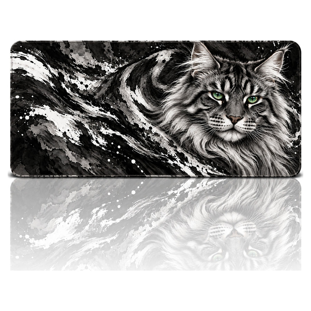 Gümüş Kedi desenli 90x40 oyuncu mouse pad, siyah-beyaz Maine Coon kedi, önden görünüm