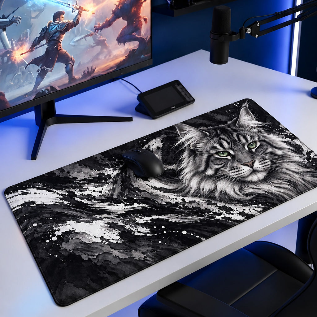 Gümüş Kedi desenli 90x40 oyuncu mouse pad, oyun masasında monitör ve mouse ile kullanım