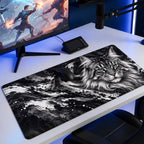 Gümüş Kedi desenli 90x40 oyuncu mouse pad, oyun masasında monitör ve mouse ile kullanım
