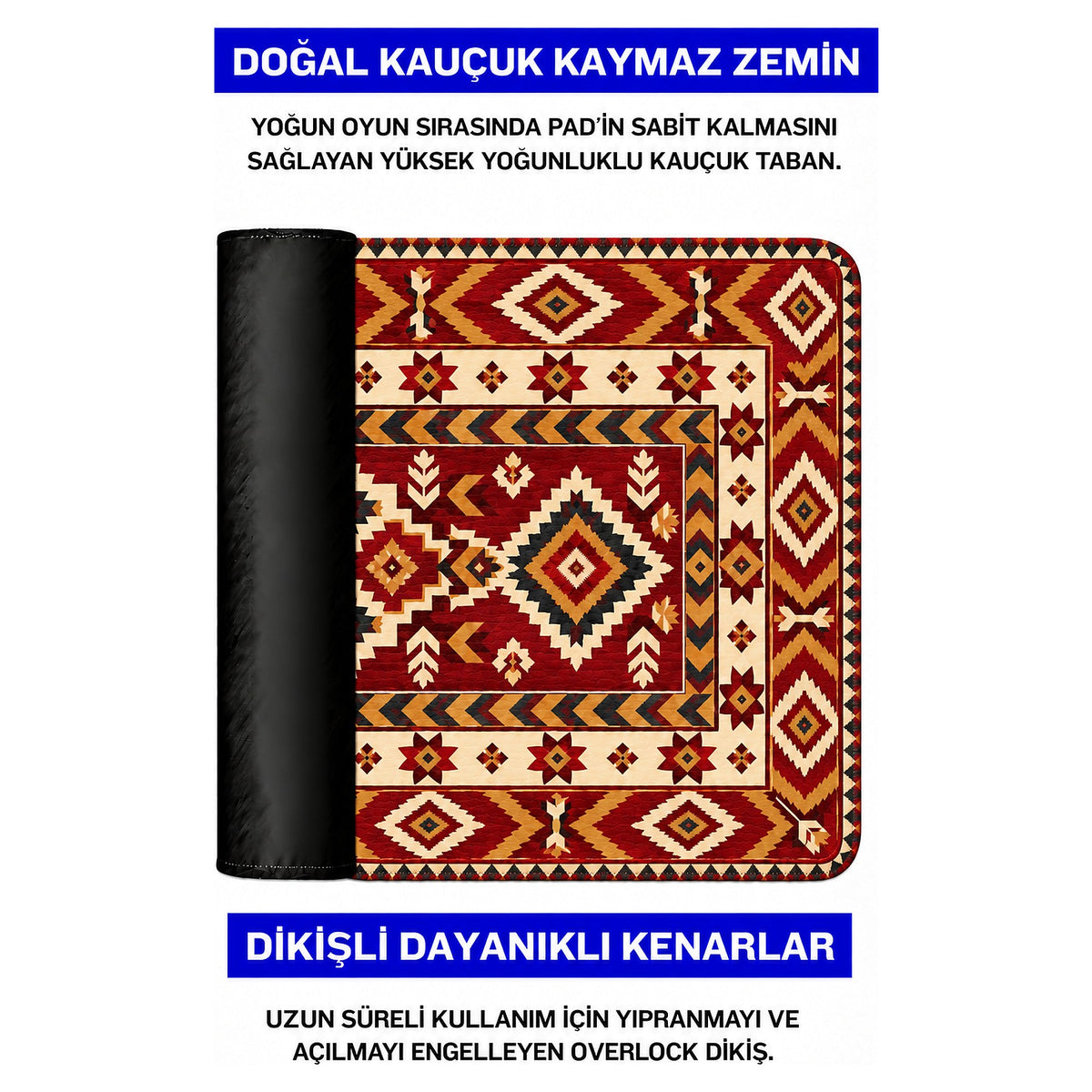 Bordo kilim desenli mouse pad doğal kauçuk kaymaz taban ve dikişli kenar detayı