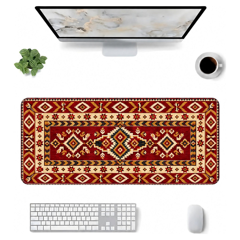 Bordo kilim desenli 90x40 mouse pad, klavye, mouse ve monitörle üstten masa düzeni