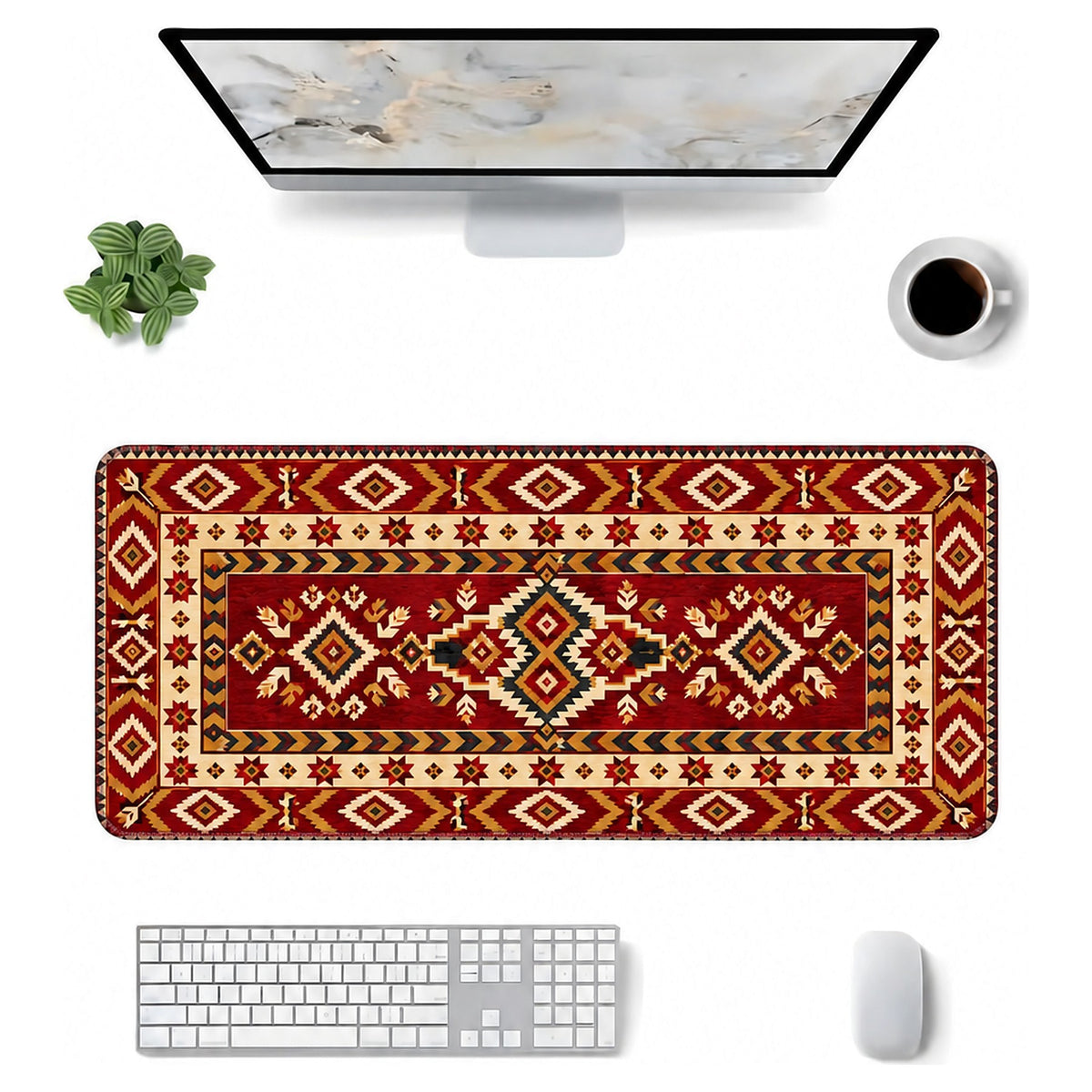 Bordo kilim desenli 90x40 mouse pad, klavye, mouse ve monitörle üstten masa düzeni