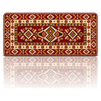 Bordo kilim desenli 90x40 oyuncu mouse pad, bordo zeminde hardal göbek motifli tasarım, önden görünüm