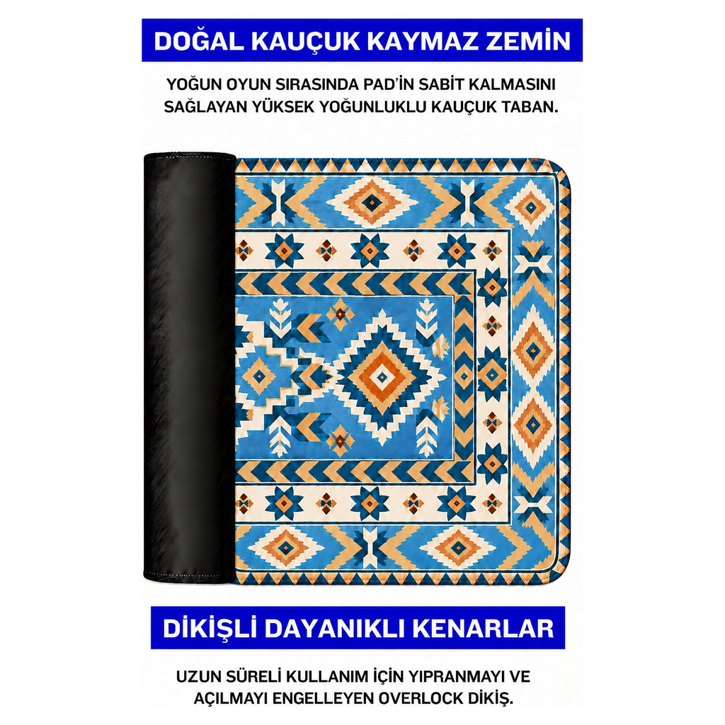 Buz Mavisi kilim desenli mouse pad doğal kauçuk kaymaz taban ve dikişli kenar detayı