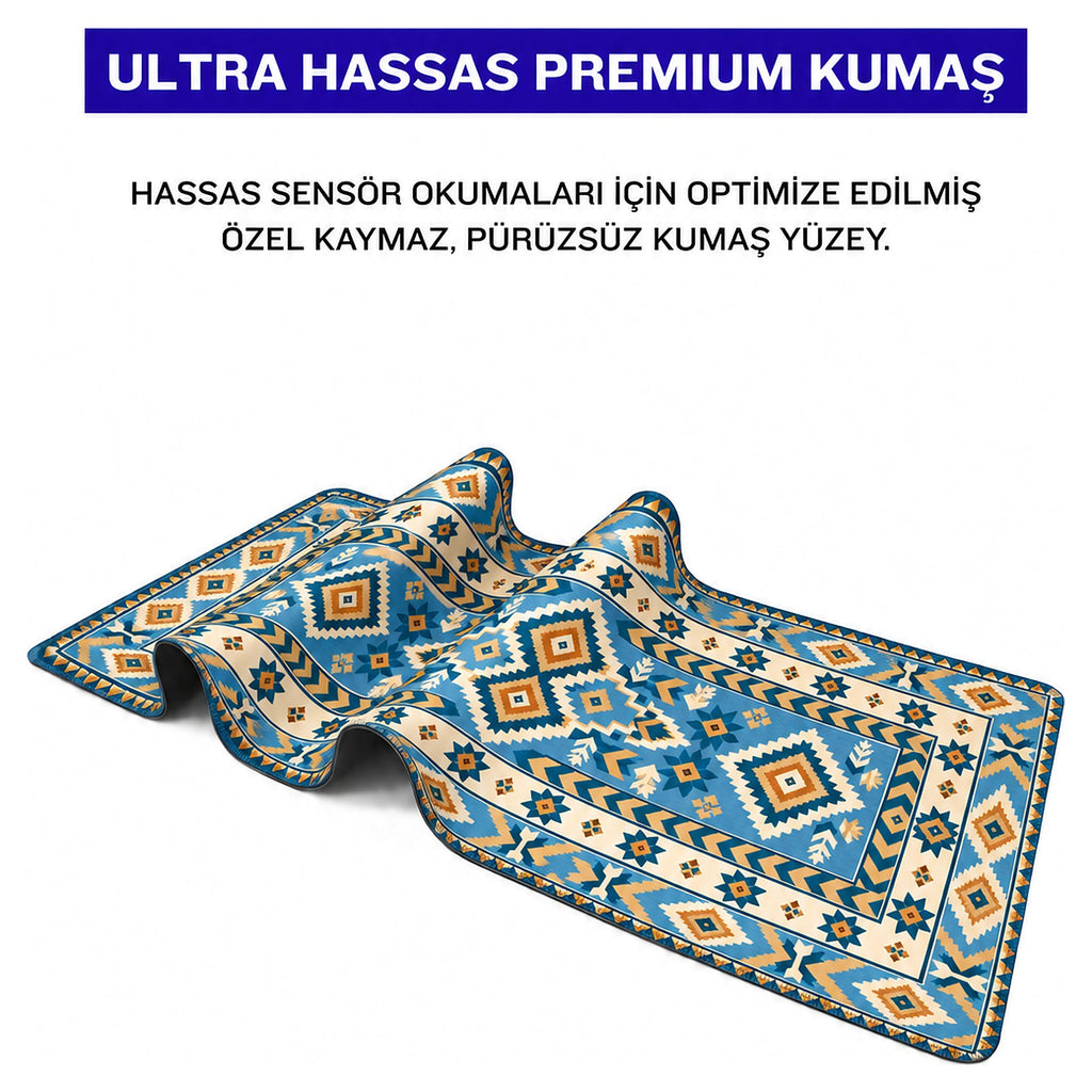 Buz Mavisi kilim desenli mouse pad kumaş yüzeyi, esnek yapı ve süblimasyon baskı detayı