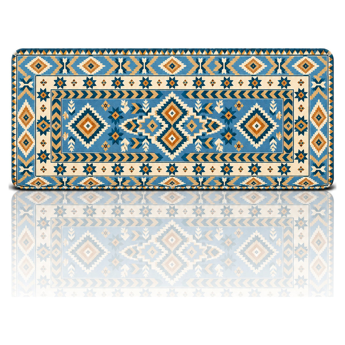 Buz Mavisi kilim desenli 90x40 oyuncu mouse pad, açık mavi zeminde hardal baklava motifli tasarım, önden görünüm