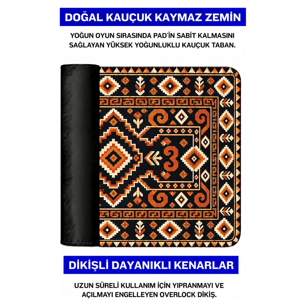 Kehribar kilim desenli mouse pad doğal kauçuk kaymaz taban ve dikişli kenar detayı