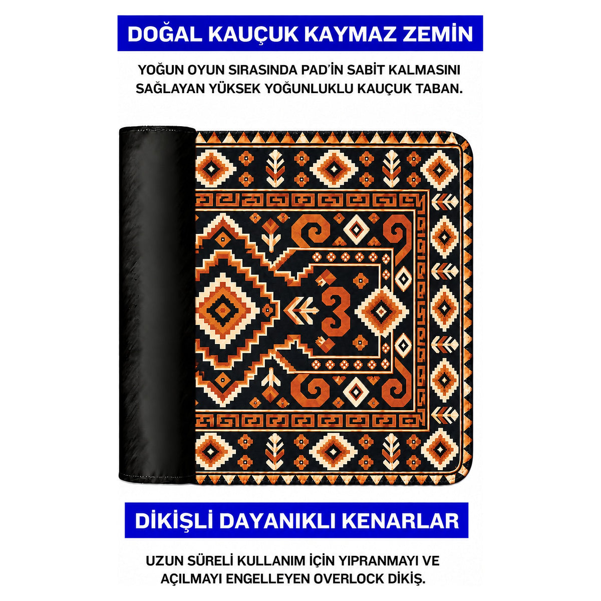 Kehribar kilim desenli mouse pad doğal kauçuk kaymaz taban ve dikişli kenar detayı