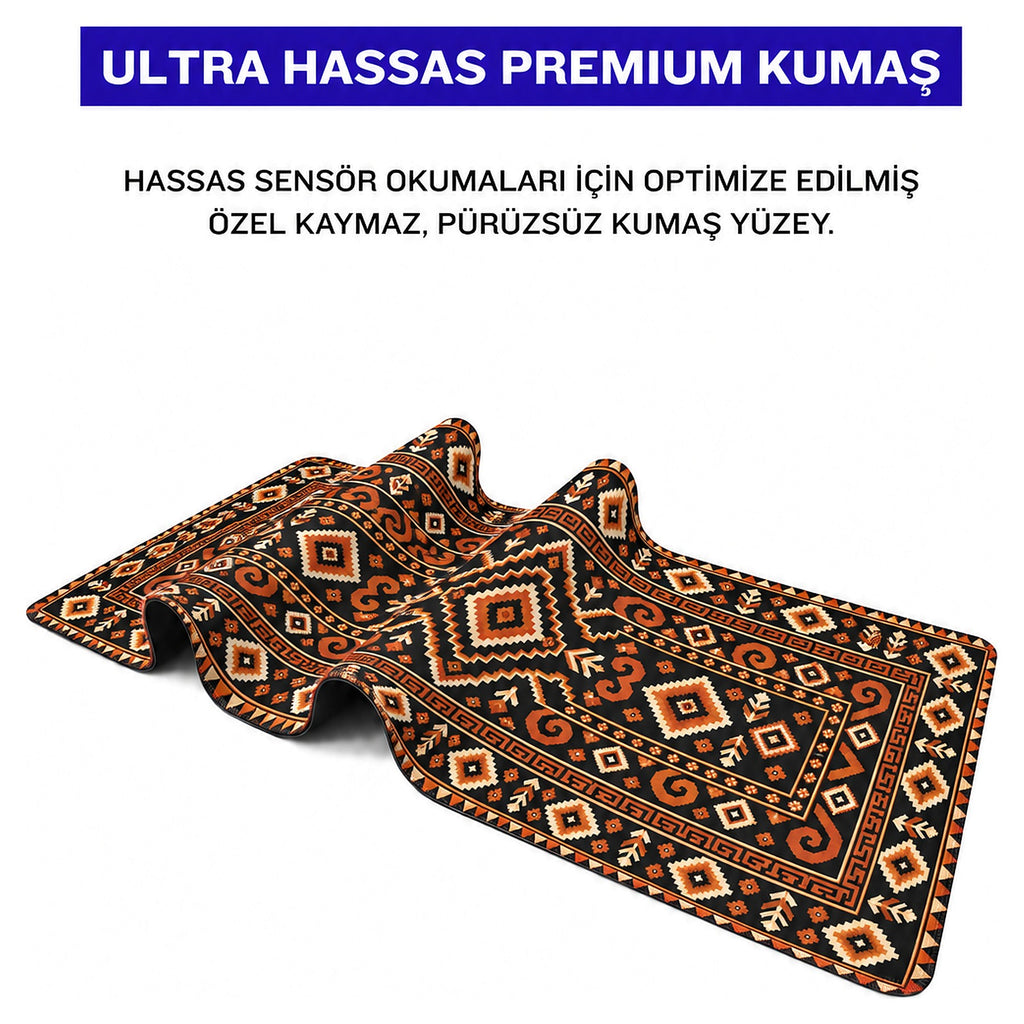 Kehribar kilim desenli mouse pad kumaş yüzeyi, esnek yapı ve süblimasyon baskı detayı