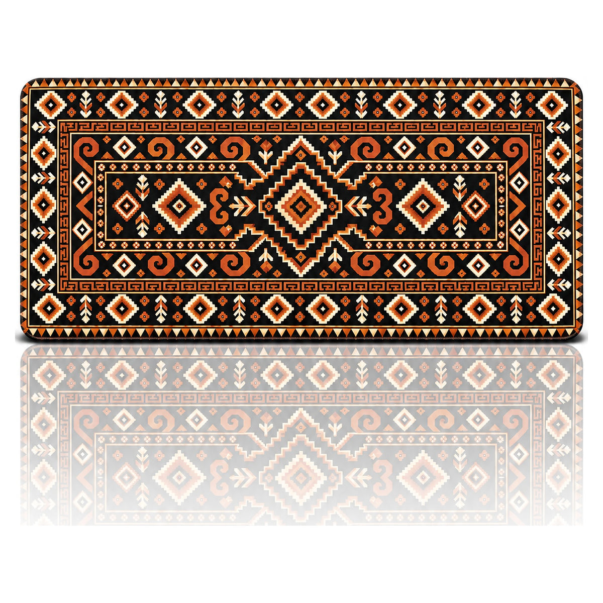 Kehribar kilim desenli 90x40 oyuncu mouse pad, siyah zeminde turuncu-bakır baklava motifli tasarım, önden görünüm