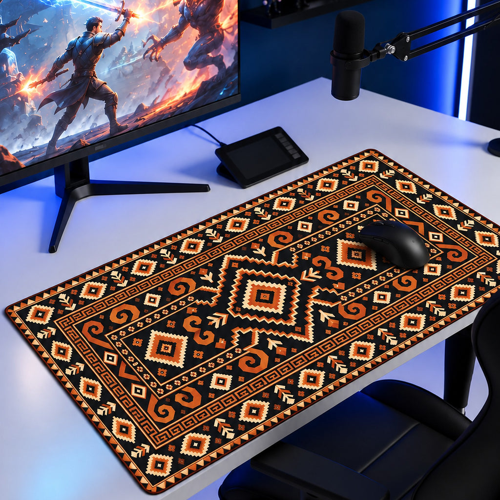 Kehribar kilim desenli 90x40 oyuncu mouse pad, oyun masasında monitör ve mouse ile kullanım