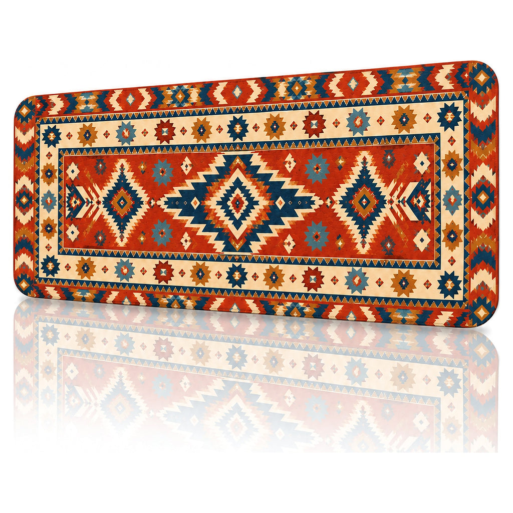 Kızıl Yıldız kilim desenli 90x40 gaming mouse pad, açılı görünüm ve dikişli kenar detayı