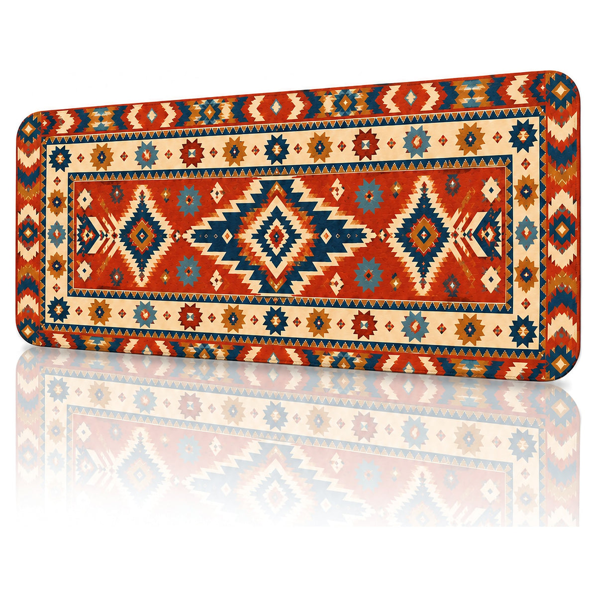 Kızıl Yıldız kilim desenli 90x40 gaming mouse pad, açılı görünüm ve dikişli kenar detayı
