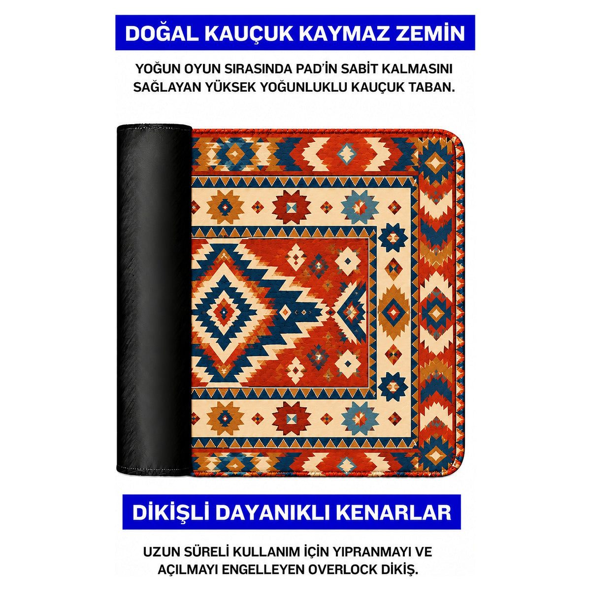 Kızıl Yıldız kilim desenli mouse pad doğal kauçuk kaymaz taban ve dikişli kenar detayı