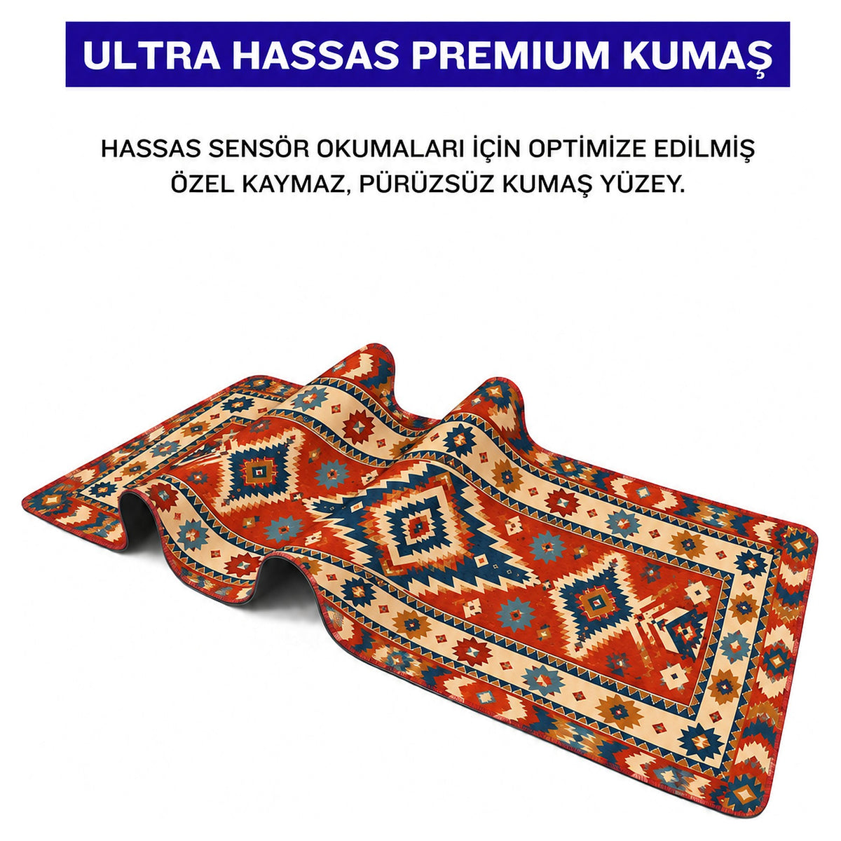 Kızıl Yıldız kilim desenli mouse pad kumaş yüzeyi, esnek yapı ve süblimasyon baskı detayı