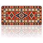 Kızıl Yıldız kilim desenli 90x40 oyuncu mouse pad, kiremit kırmızısı zeminde lacivert göbekli tasarım, önden görünüm
