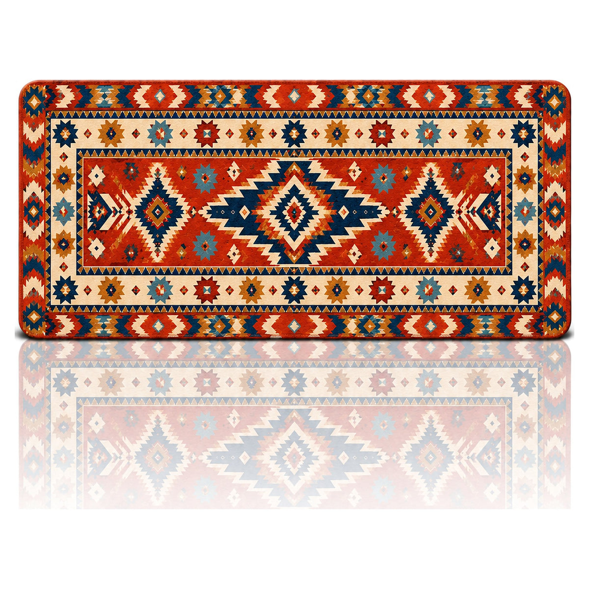 Kızıl Yıldız kilim desenli 90x40 oyuncu mouse pad, kiremit kırmızısı zeminde lacivert göbekli tasarım, önden görünüm