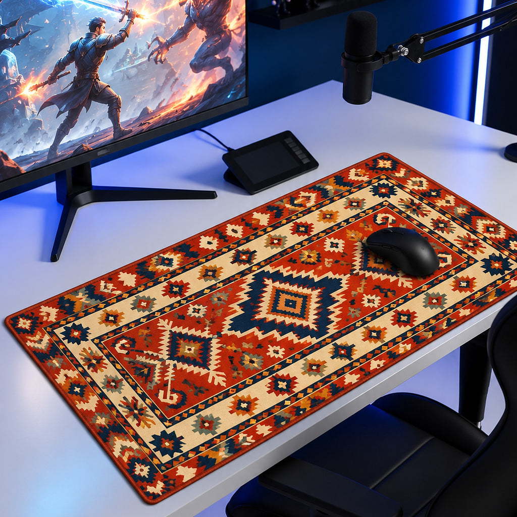 Kızıl Yıldız kilim desenli 90x40 oyuncu mouse pad, oyun masasında monitör ve mouse ile kullanım