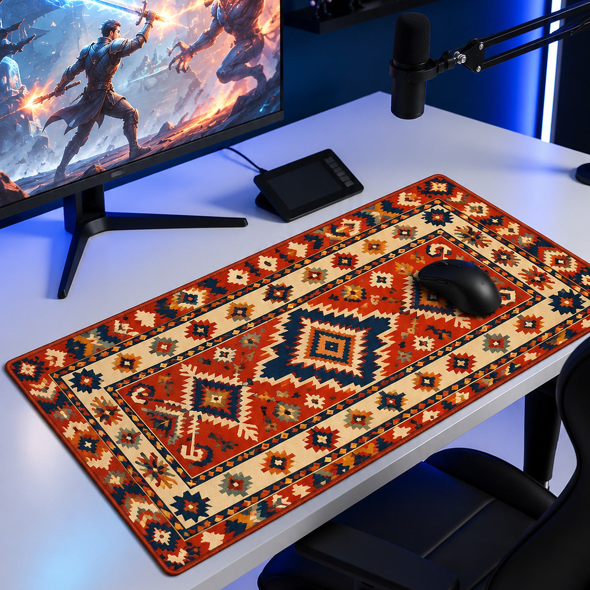 Kızıl Yıldız kilim desenli 90x40 oyuncu mouse pad, oyun masasında monitör ve mouse ile kullanım