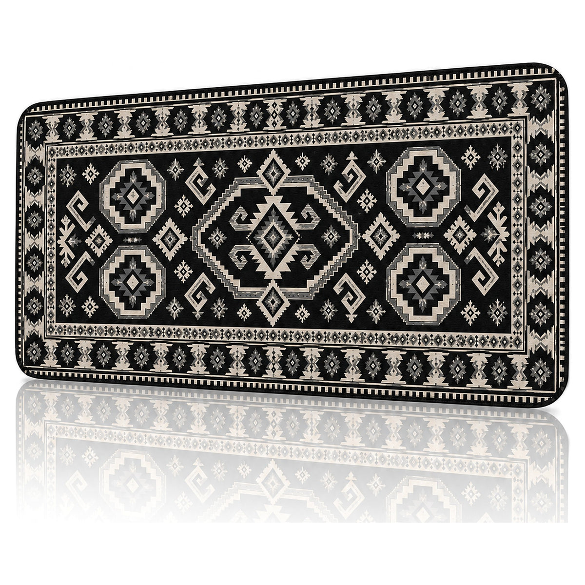 Kömür kilim desenli 90x40 gaming mouse pad, açılı görünüm ve dikişli kenar detayı