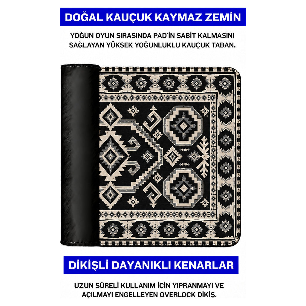 Kömür kilim desenli mouse pad doğal kauçuk kaymaz taban ve dikişli kenar detayı