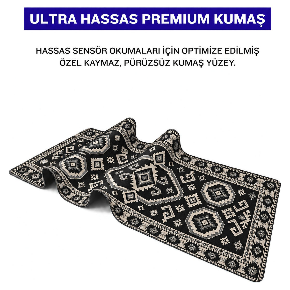 Kömür kilim desenli mouse pad kumaş yüzeyi, esnek yapı ve süblimasyon baskı detayı