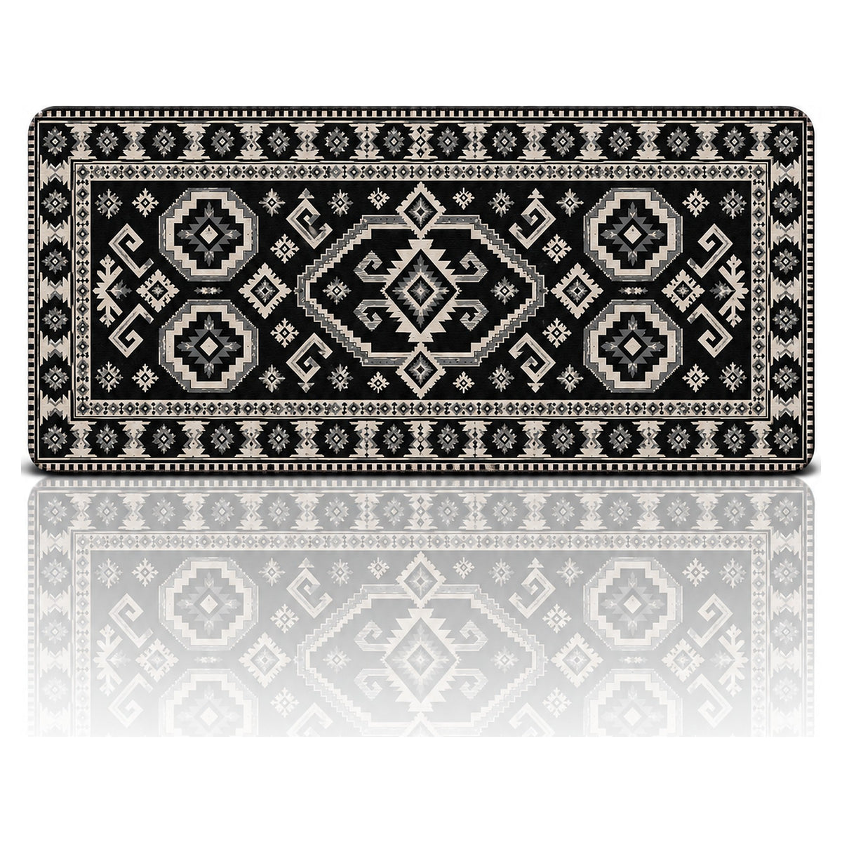 Kömür kilim desenli 90x40 oyuncu mouse pad, siyah-krem madalyon motifli tasarım, önden görünüm
