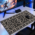 Kömür kilim desenli 90x40 oyuncu mouse pad, oyun masasında monitör ve mouse ile kullanım