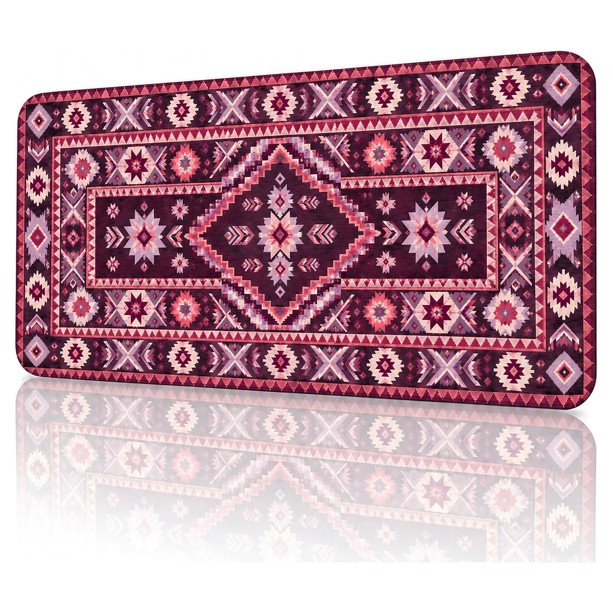 Mürdüm kilim desenli 90x40 gaming mouse pad, açılı görünüm ve dikişli kenar detayı