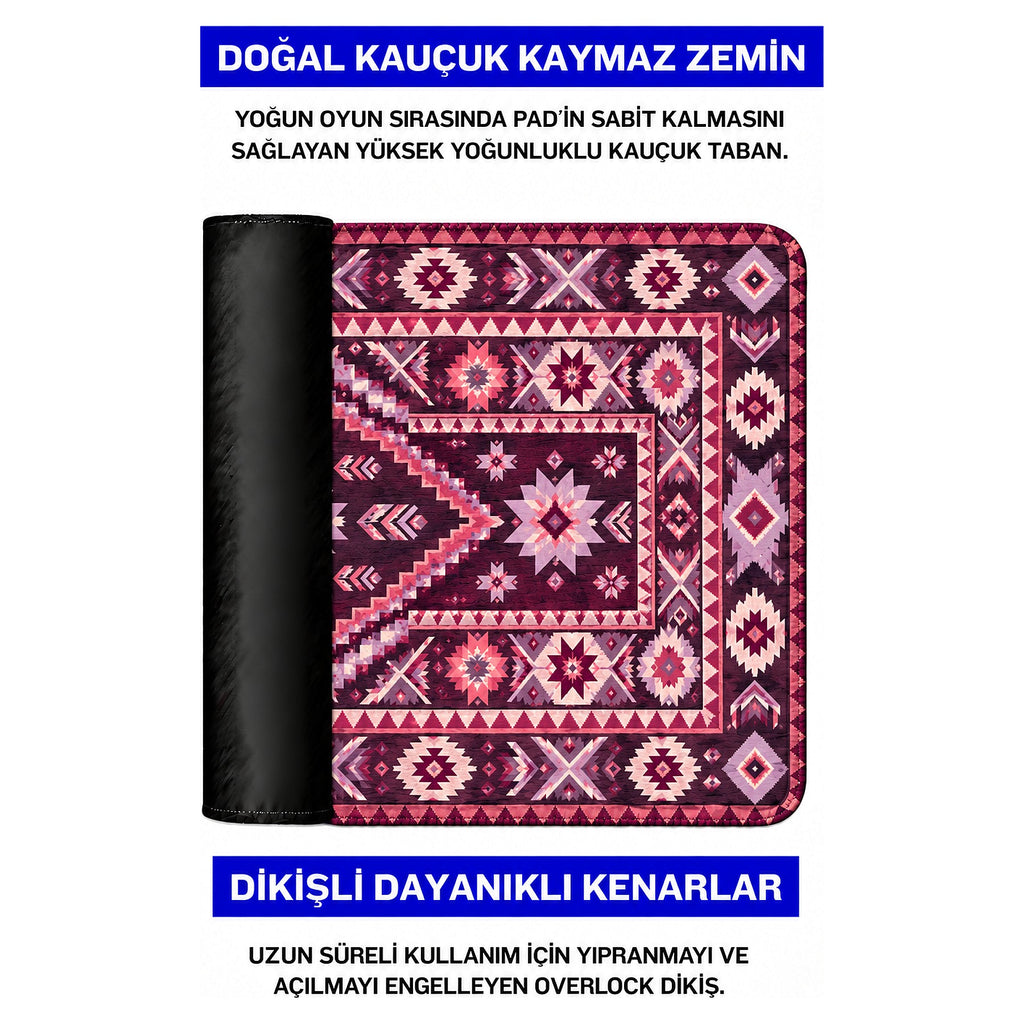 Mürdüm kilim desenli mouse pad doğal kauçuk kaymaz taban ve dikişli kenar detayı