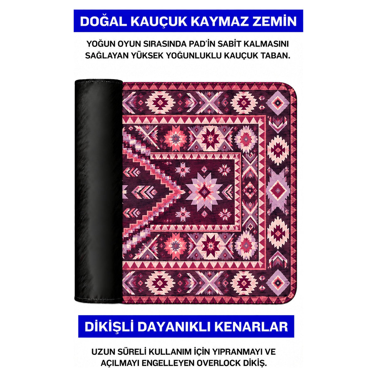 Mürdüm kilim desenli mouse pad doğal kauçuk kaymaz taban ve dikişli kenar detayı