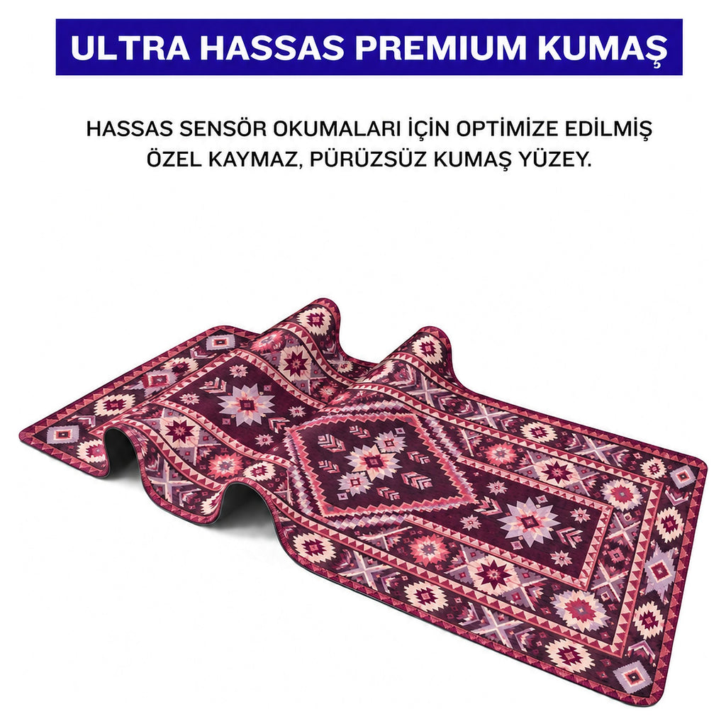 Mürdüm kilim desenli mouse pad kumaş yüzeyi, esnek yapı ve süblimasyon baskı detayı